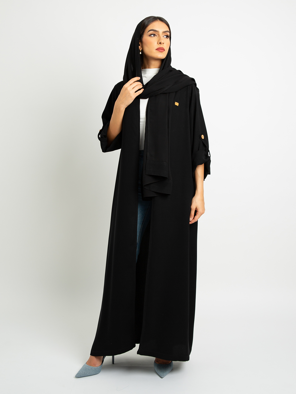 Black - Regular-fit Long Abaya with adjustable sleeves in Crepe Fabric