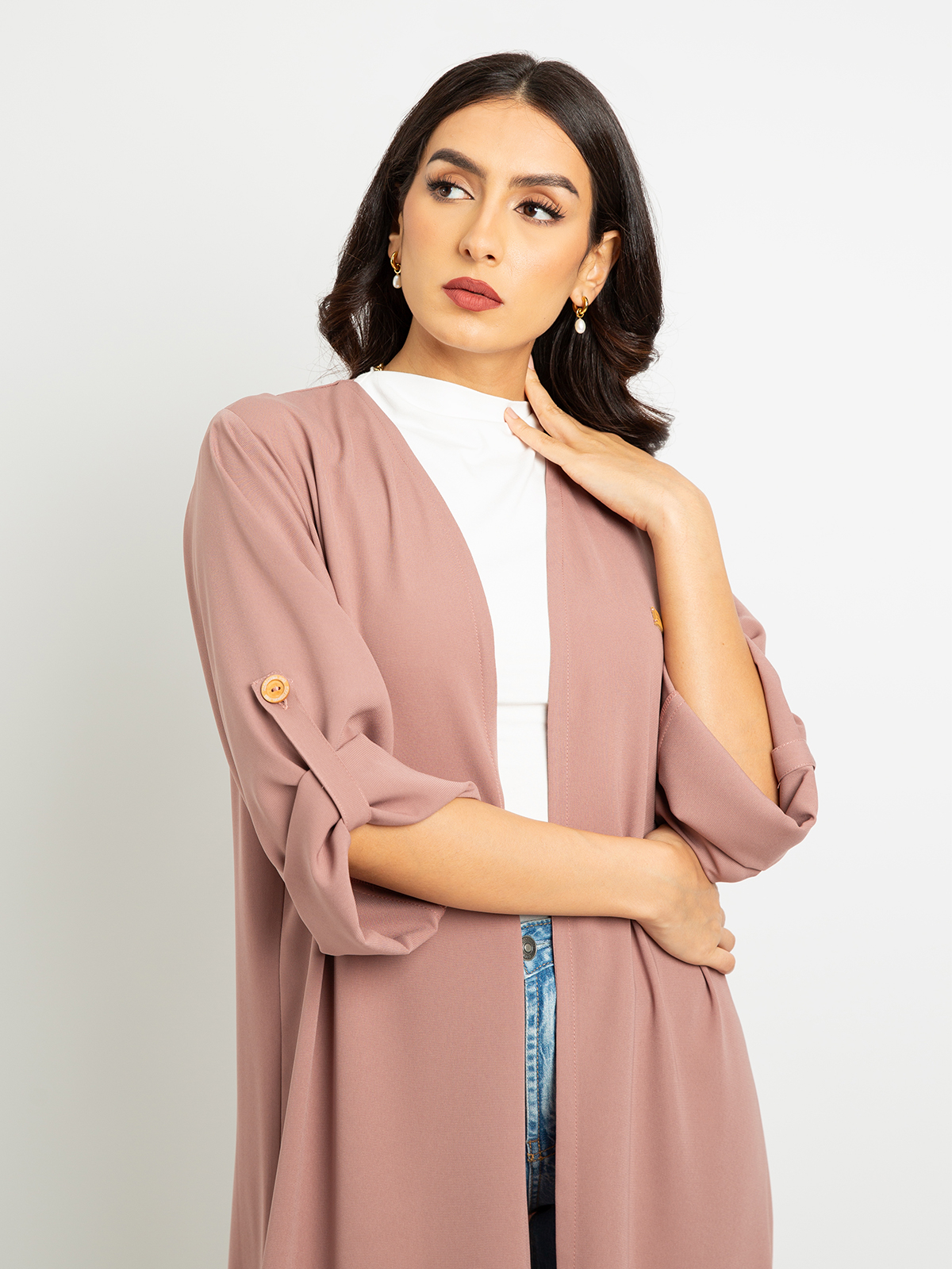 Dusty Rose - Regular-fit Long Abaya with adjustable sleeves in Crepe Fabric