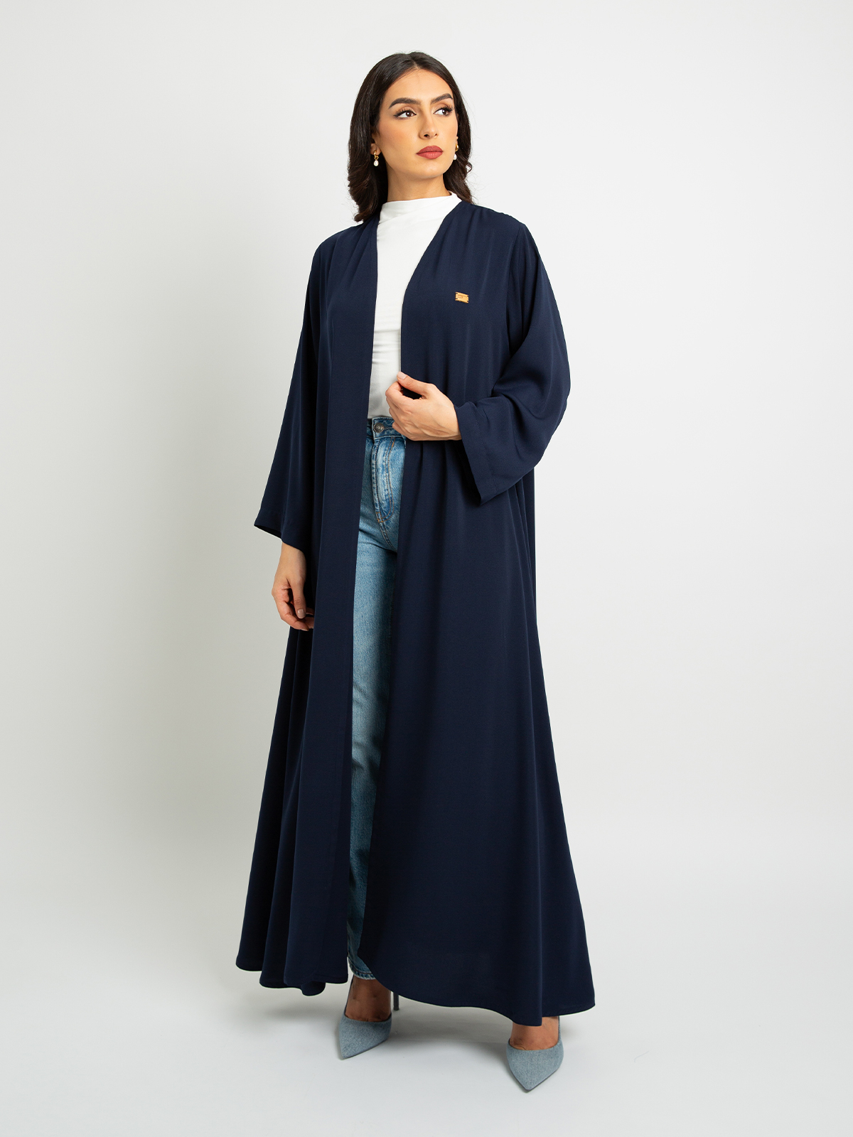 Navy long open A cut half cloche abaya in high quality crepe fabric by kaafmeem for work and everyday wear 