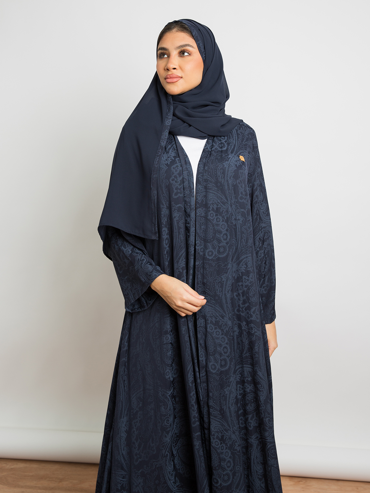 Navy - A Cut Long Open Half Cloche Abaya in Silky Ornamented Fabric