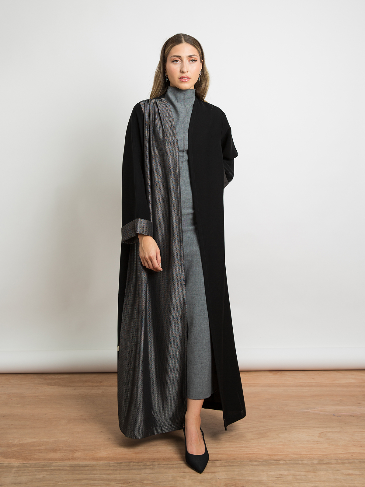 Black wide regular cut long open winter fancy abaya with black beehive pattern in soft winter fabric by kaafmeem