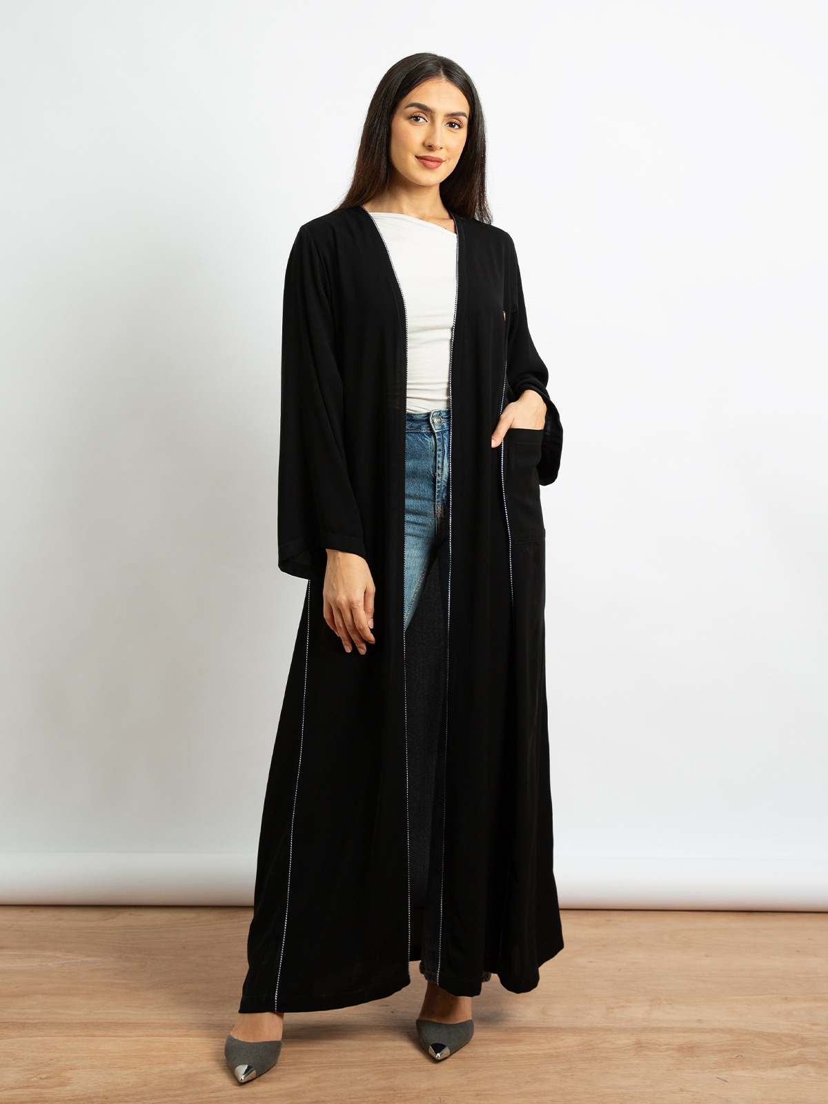 Open long abstract abaya black color in crepe linen-feel fabric for work and events by kaafmeem clothing