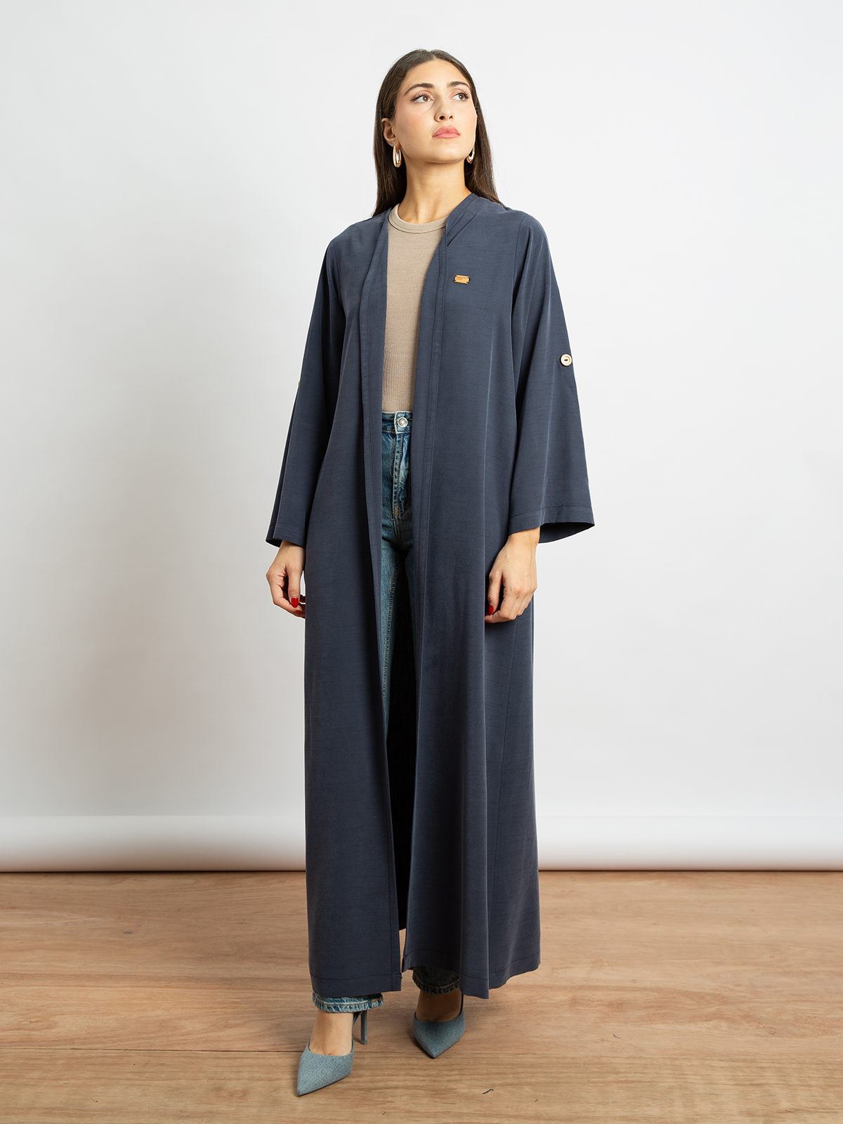 Washed linen long open regular fit abaya in pale navy color with adjustable sleeves from kaafmeem for work and everyday wear 