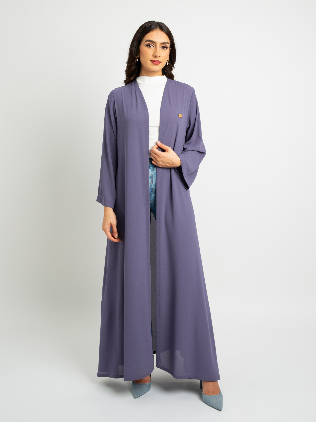 Lavender long open A cut half cloche abaya in high quality crepe fabric by kaafmeem for work and everyday wear 