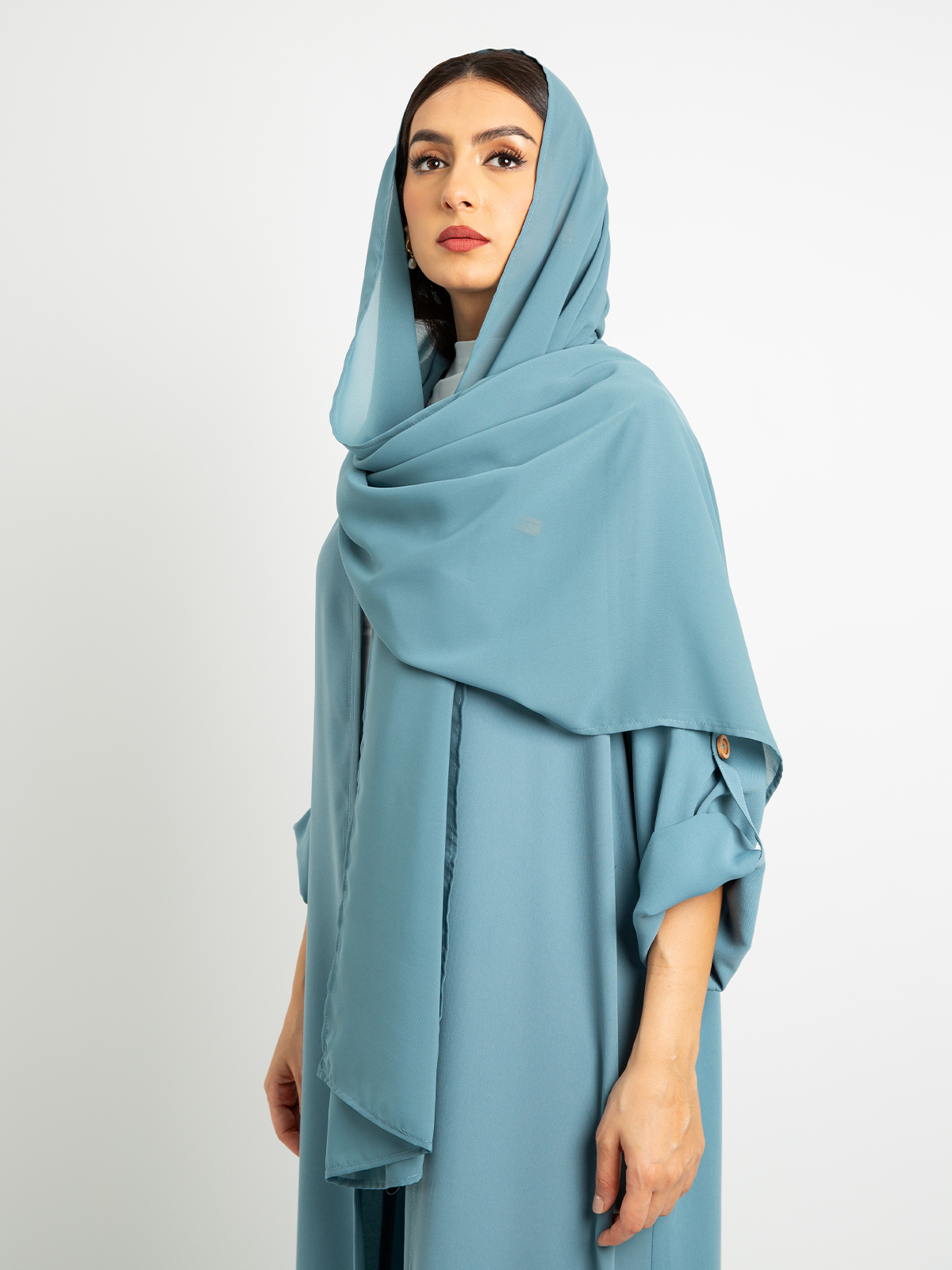 Sky Blue - Regular-fit Long Abaya with adjustable sleeves in Crepe Fabric