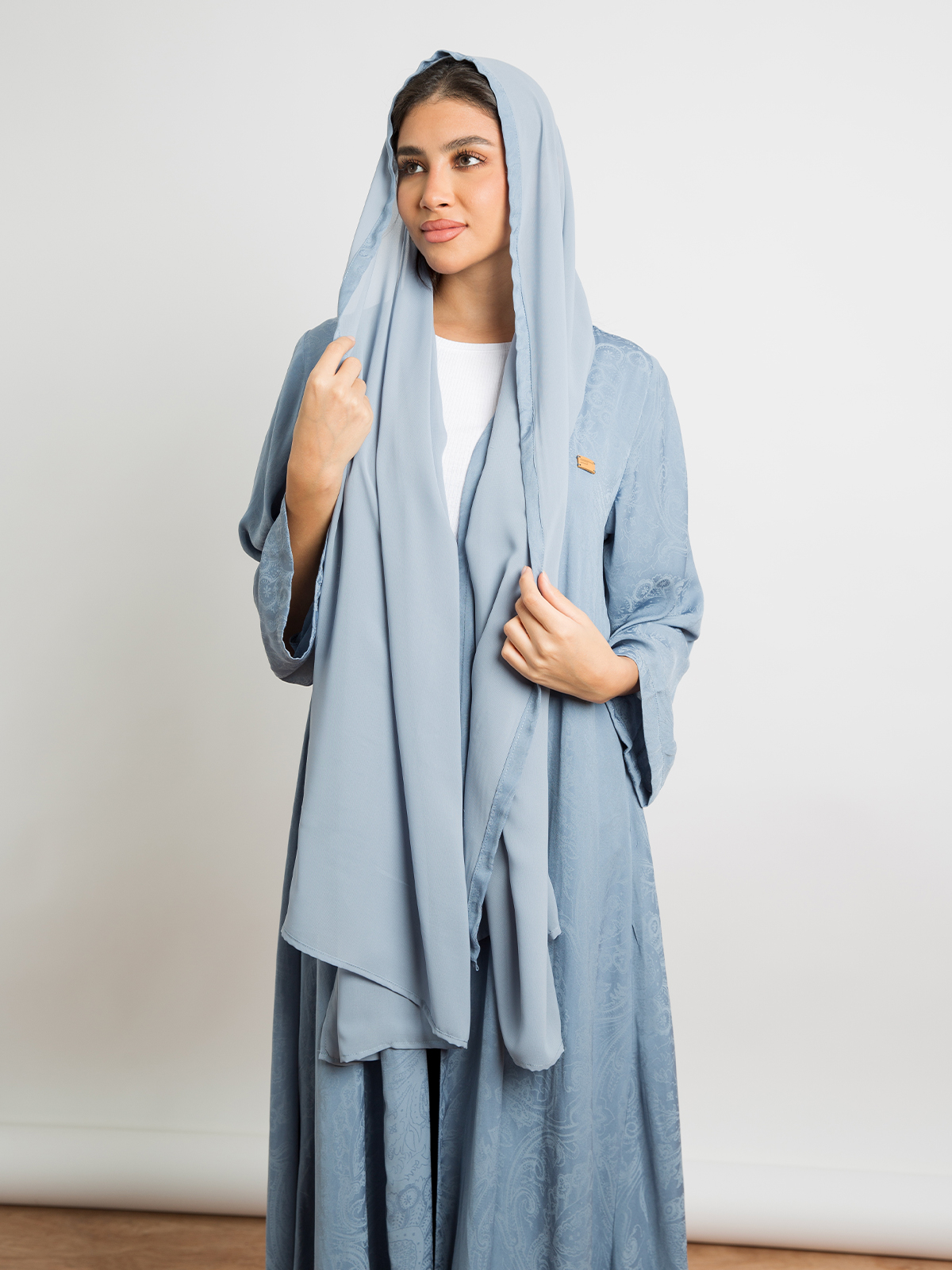 Blue - A Cut Long Open Half Cloche Abaya in Silky Ornamented Fabric