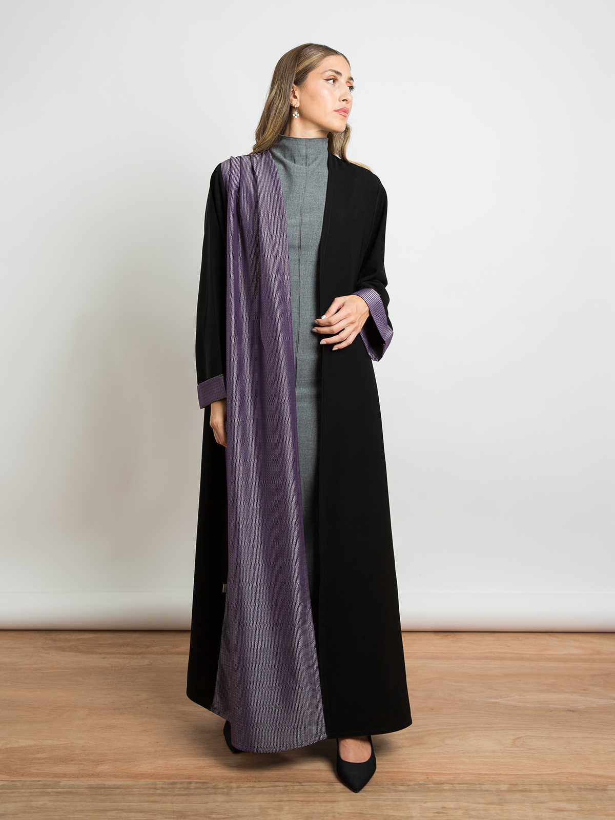 Black wide regular cut long open winter fancy abaya with purple beehive pattern in soft winter fabric by kaafmeem