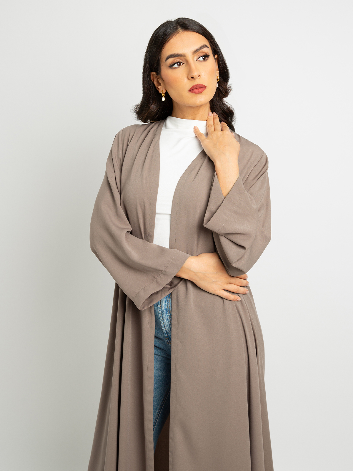 Dark nude long open A cut half cloche abaya in high quality light fabric by kaafmeem for work and everyday wear 