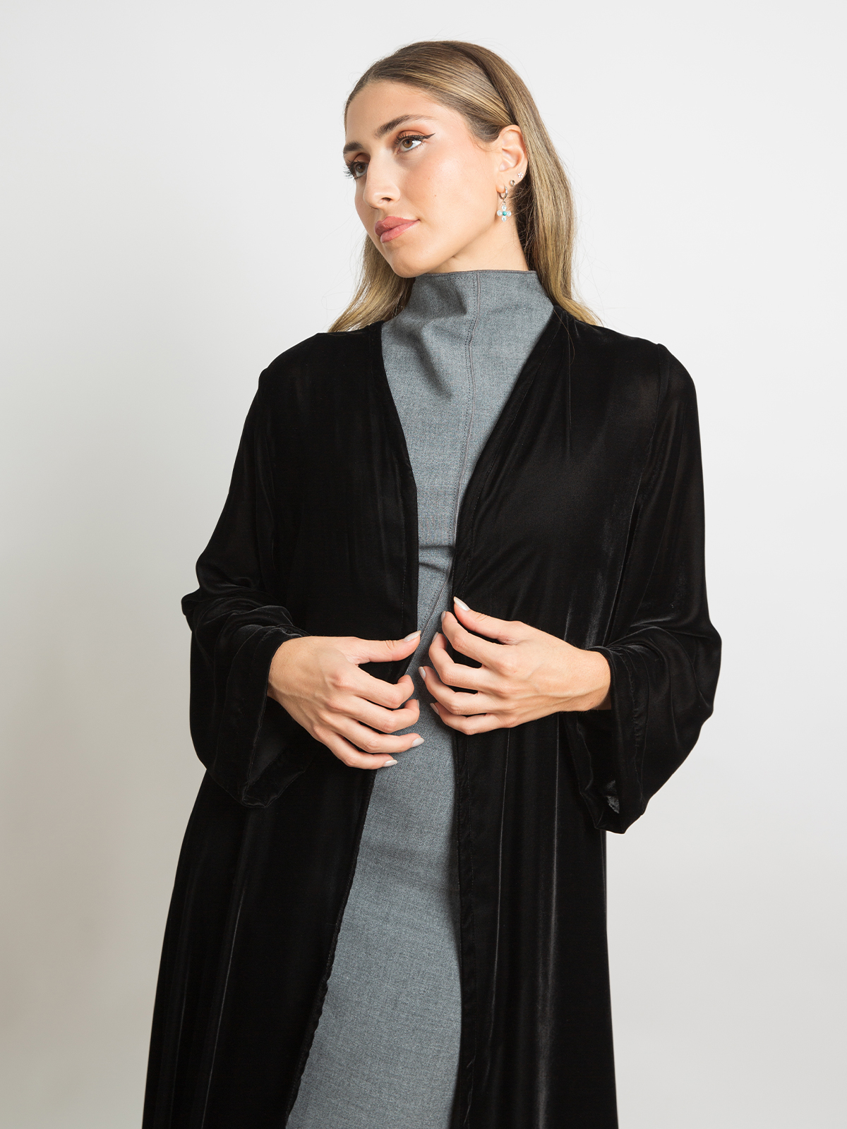 Black long open A cut half cloche abaya in soft light velvet fabric by kaafmeem for work and different occasions 