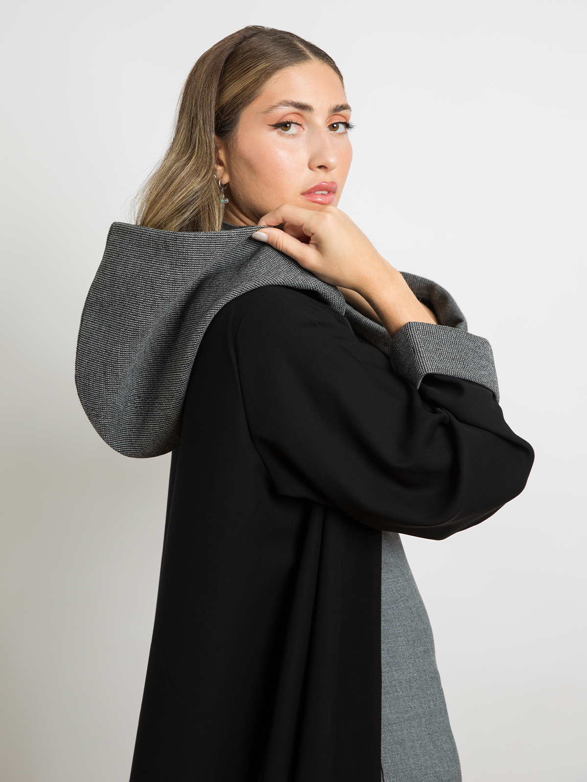 Black with gray wide regular cut long open winter fancy abaya with hoodie and rolled cuffs in fleece fabric by kaafmeem