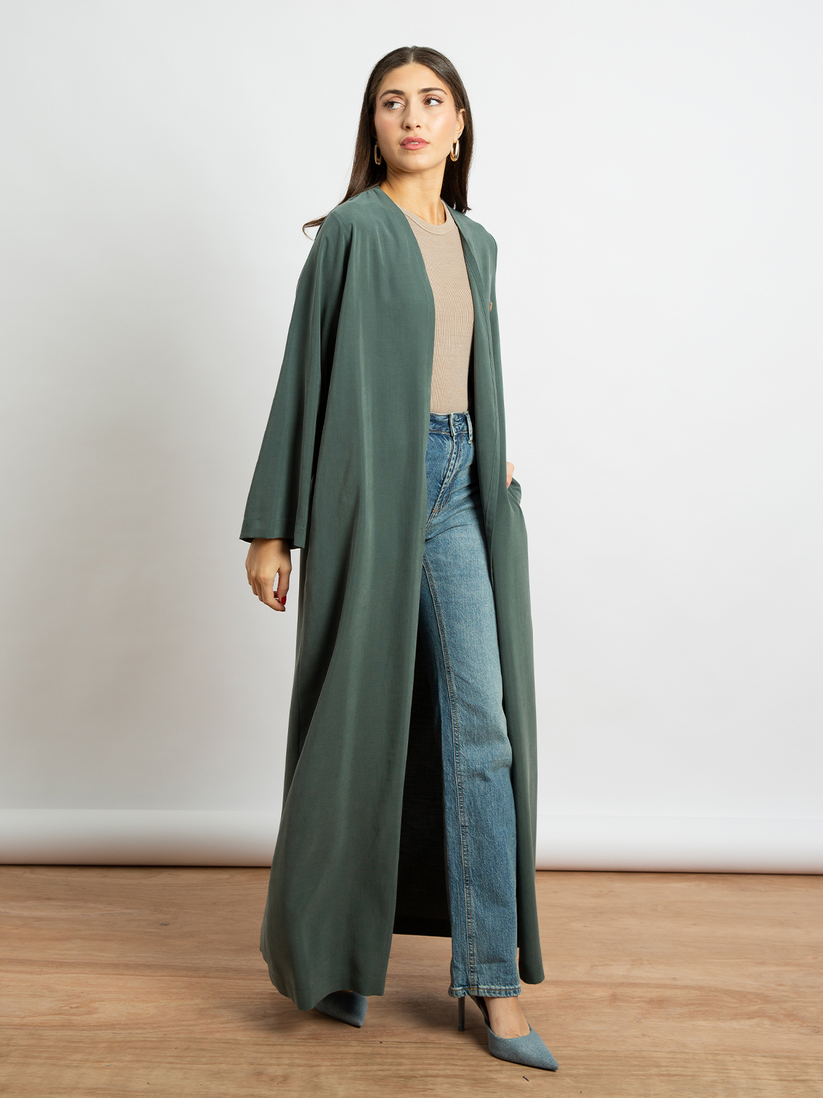 Pale Green - Washed Linen Regular-fit Long Abaya