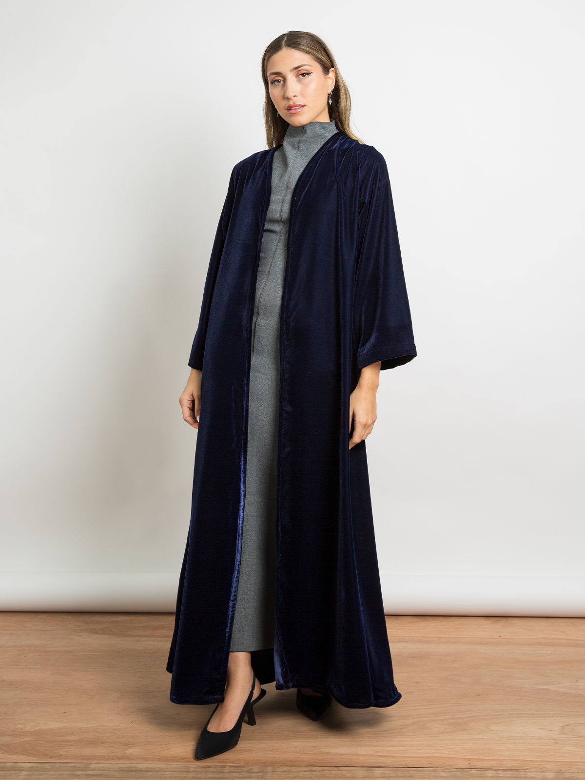 Navy long open A cut half cloche winter abaya in soft velvet fabric by kaafmeem for work and different occasions 
