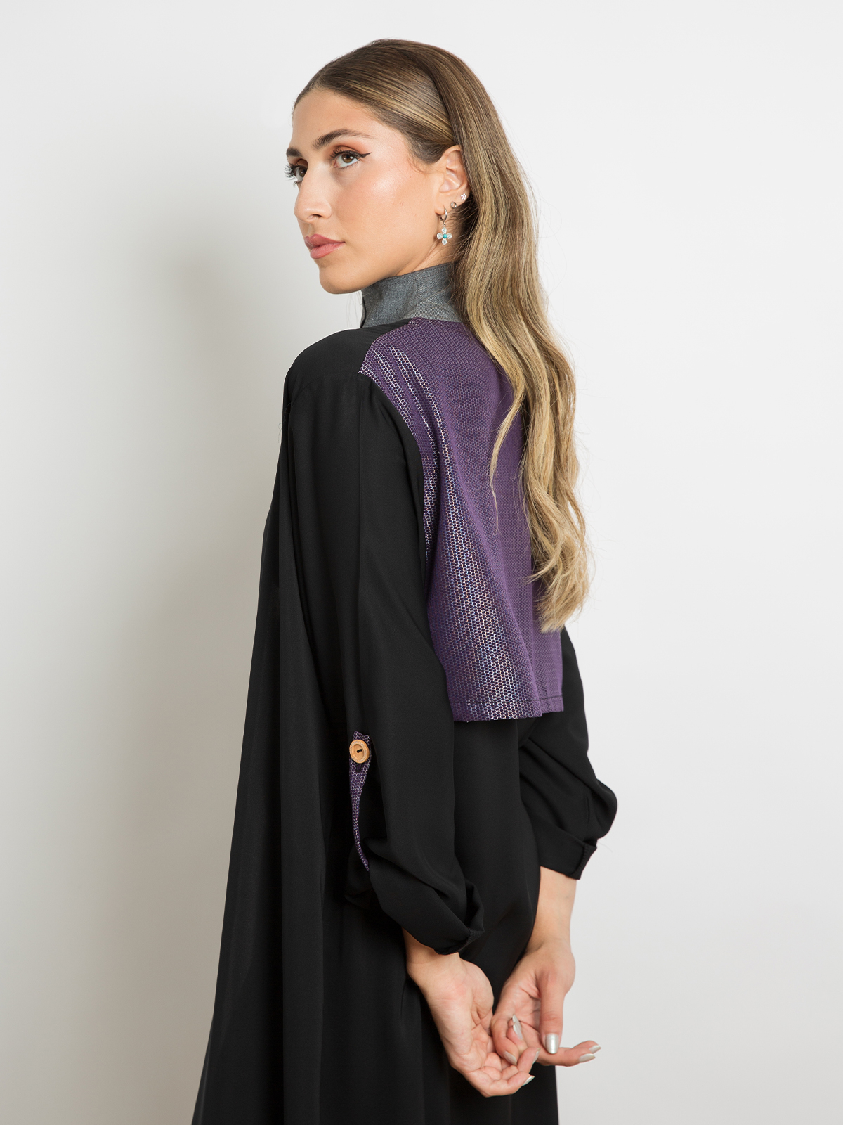 Black wide regular cut long open winter fancy abaya with purple beehive yoke in soft winter fabric by kaafmeem