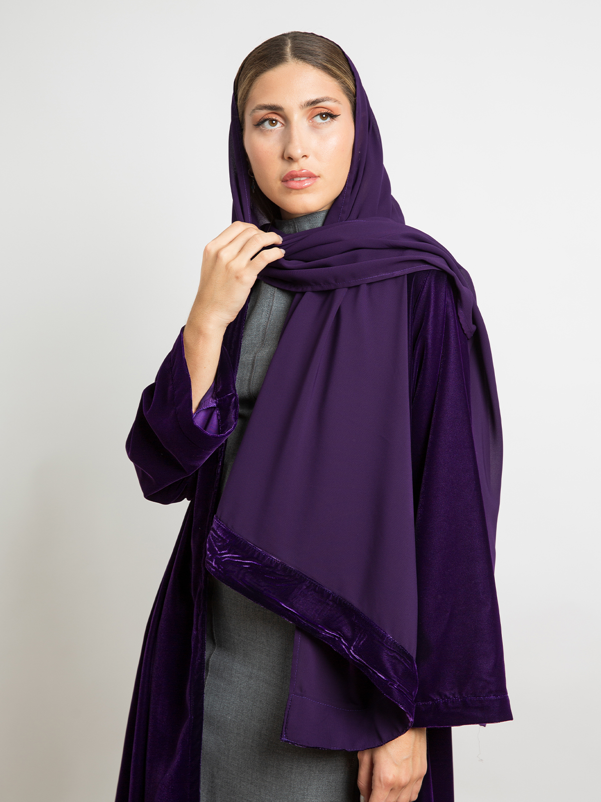 Mauve long open A cut half cloche winter abaya in soft velvet fabric by kaafmeem for work and different occasions 