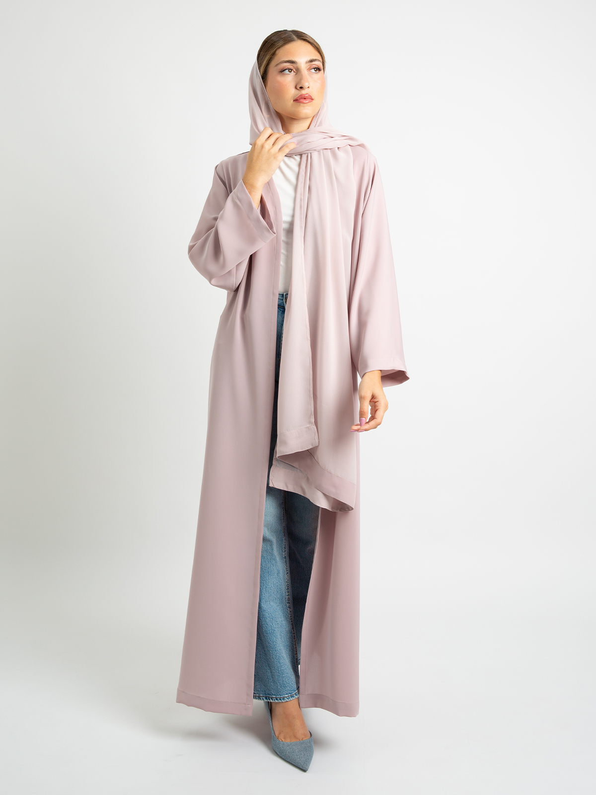 Pink long regular fit abaya in high quality light fabric by kaafmeem for work and everyday wear 