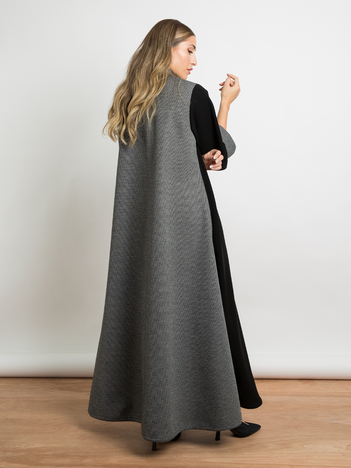 Black with gray long open fancy A cut half cloche winter abaya in warm fleece fabric at the back and rolled cuffs by kaafmeem 