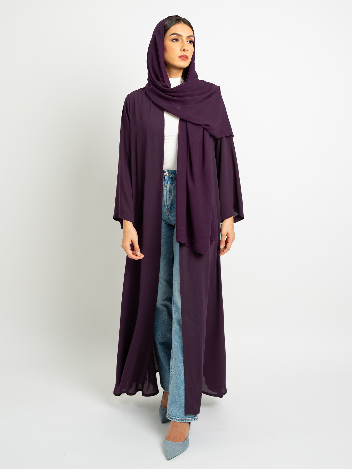Mauve - A Cut Long Open Half Cloche Abaya in Light Fabric