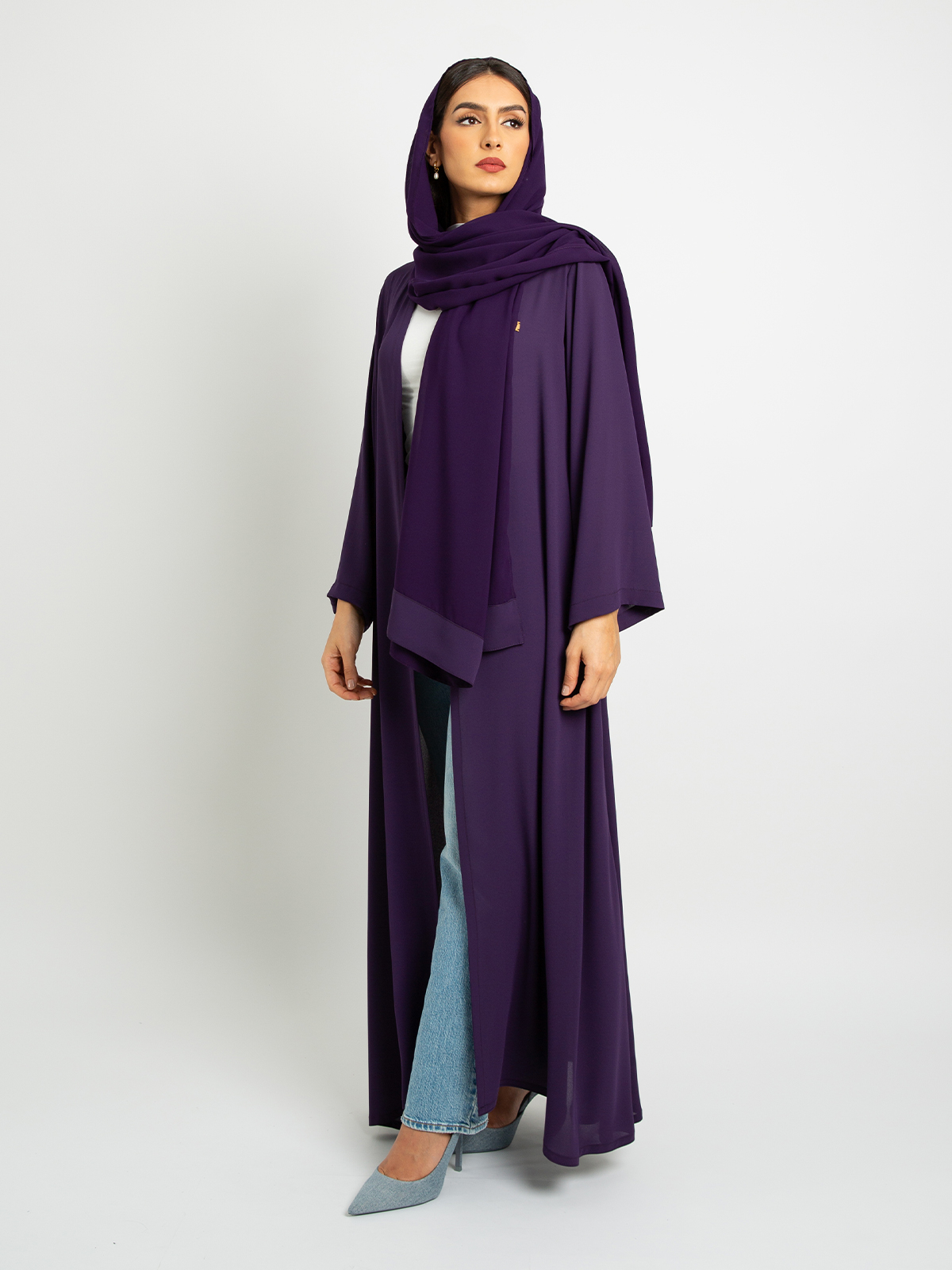 Purple - A Cut Long Open Half Cloche Abaya in Light Fabric