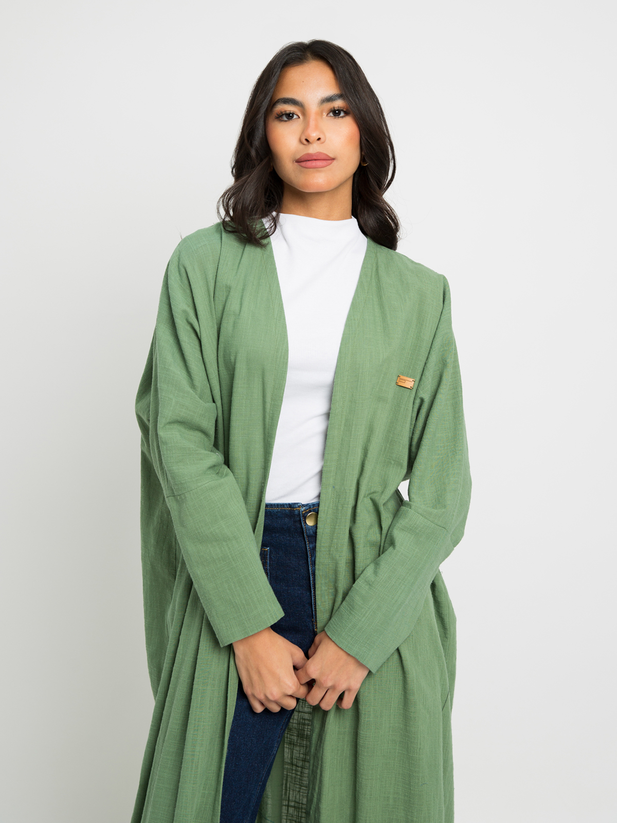 Green - Half Bisht Long Open Abaya in Natural Linen Fabric