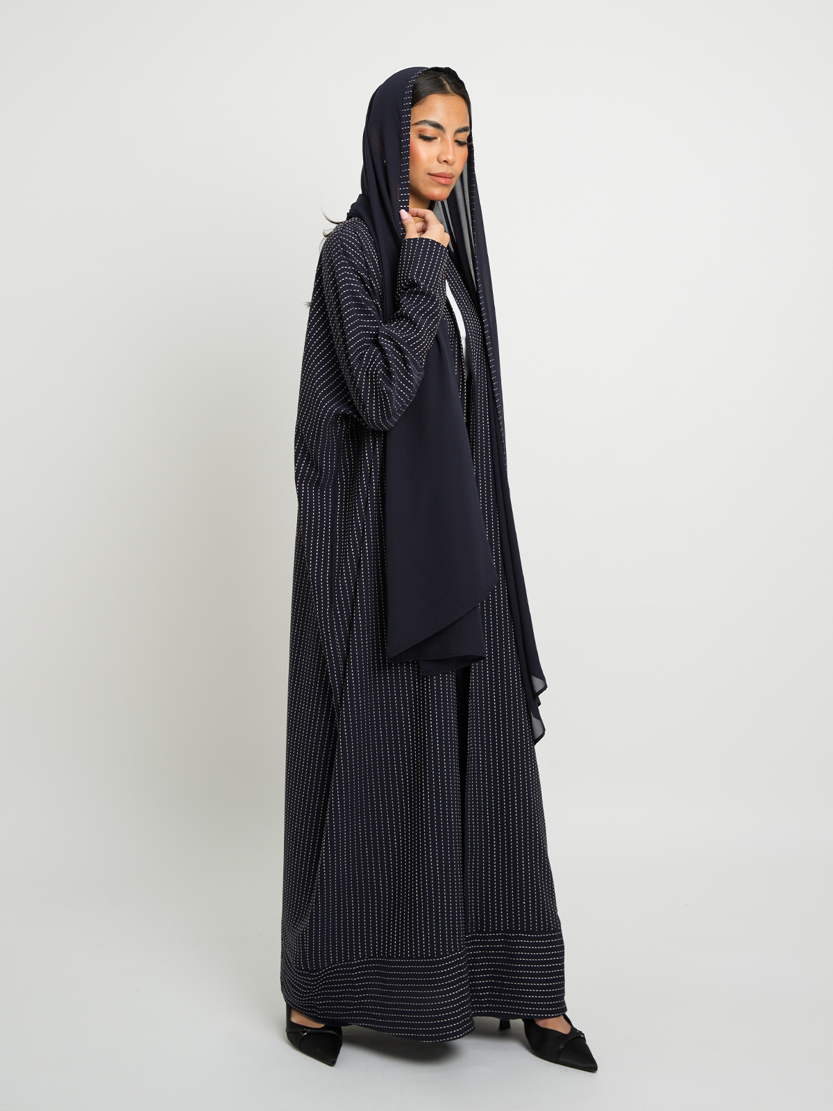 Navy open long half bisht abaya in striped salona fabric online by kaafmeem 