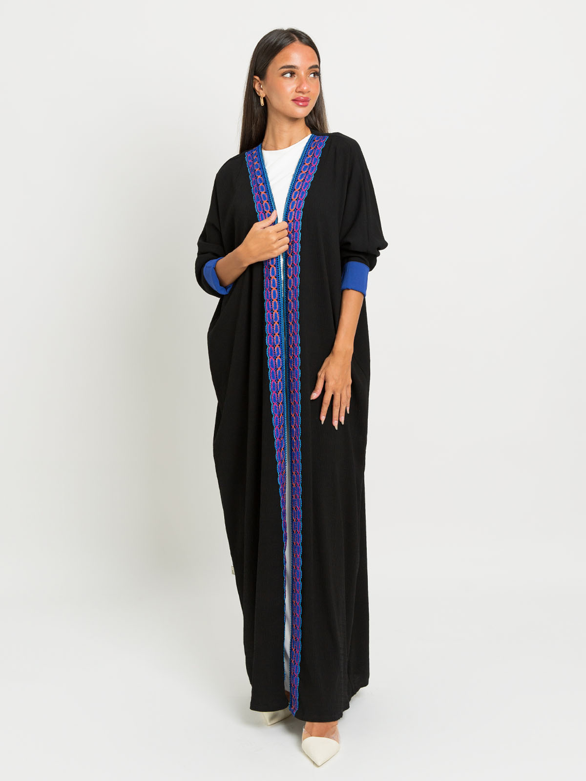Black long open half bisht abaya in high quality yoryu fabric by kaafmeem with blue woven kulfa on the front