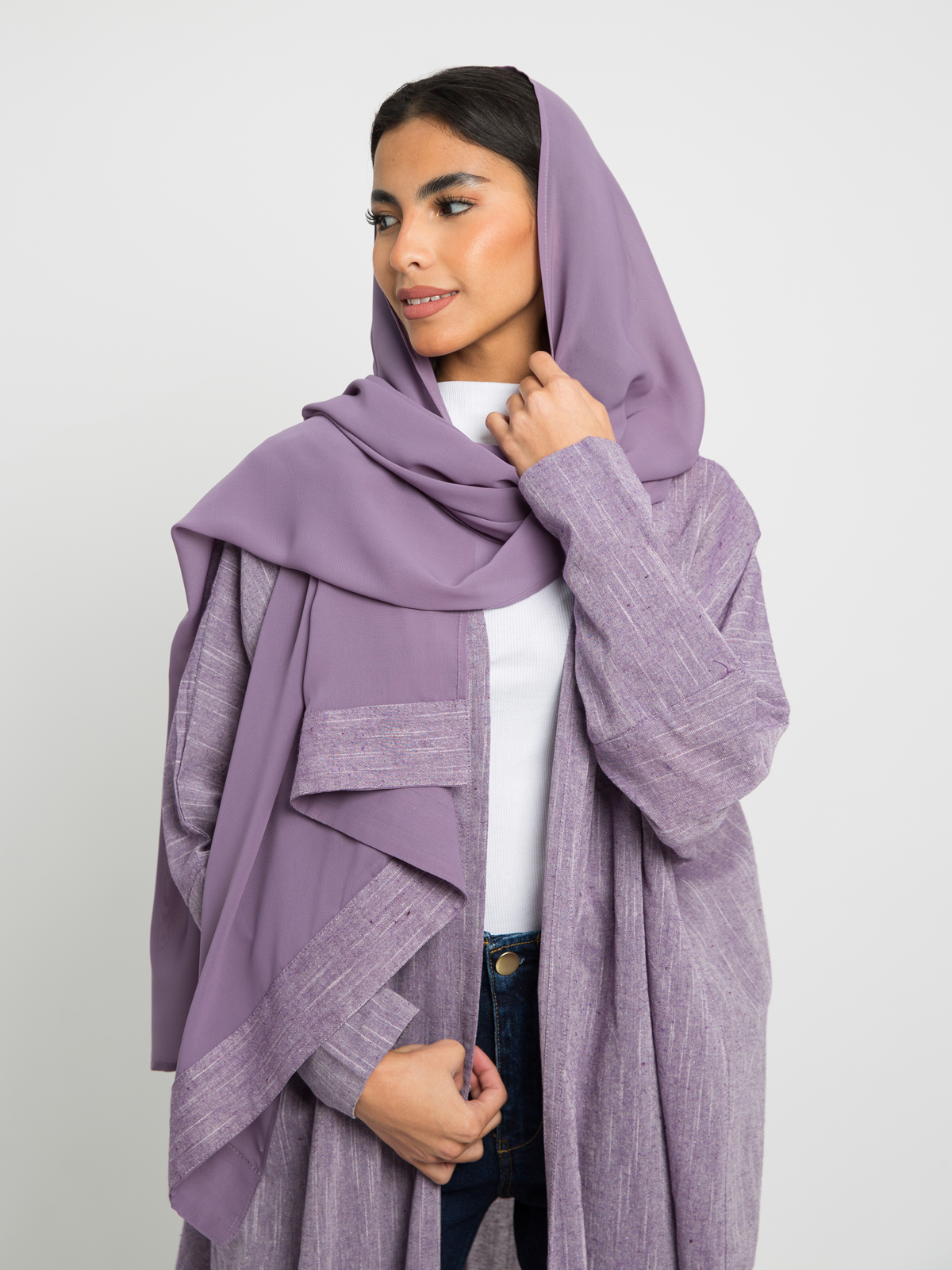 Purple - Half Bisht Long Open Abaya in Natural Linen Fabric