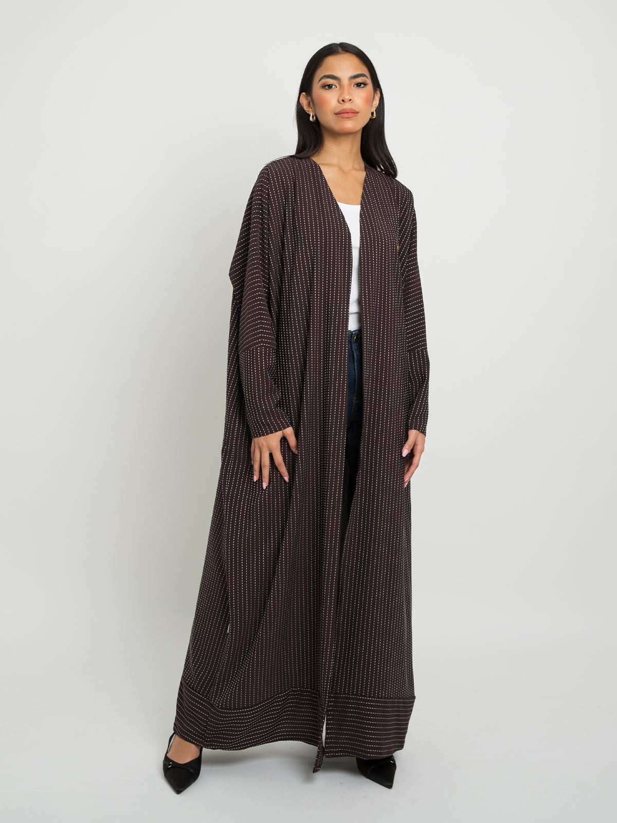 Brown - Half Bisht Long Open Abaya in Striped Salona Fabric