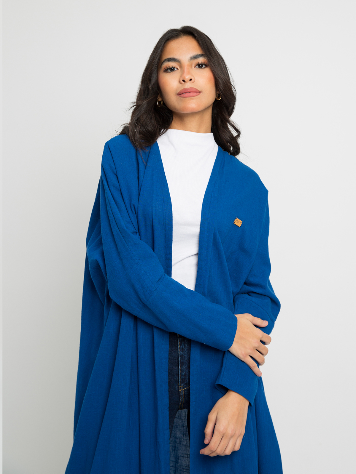 Navy - Half Bisht Long Open Abaya in Natural Linen Fabric