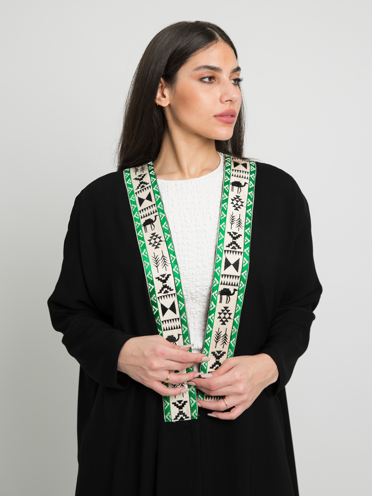 Black with Green Camel Kulfa - Half Bisht Long Open Abaya in Crepe Fabric