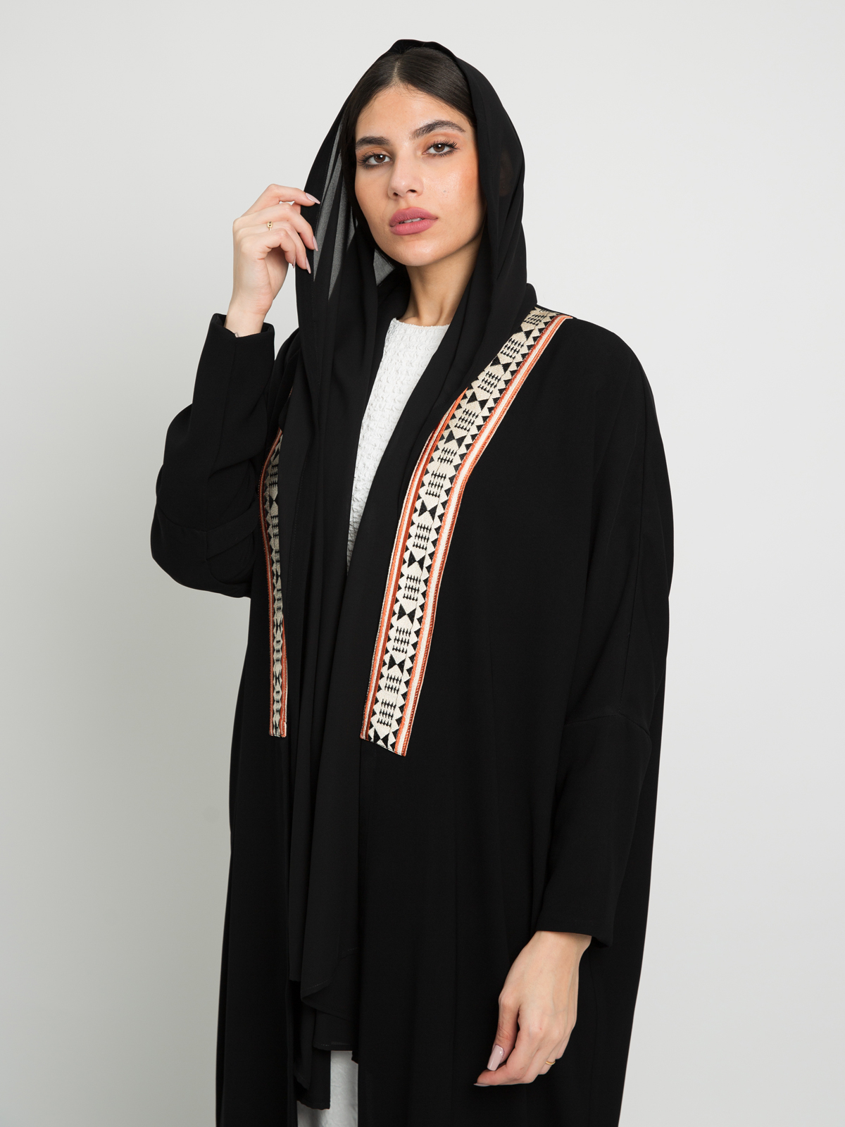 Black with Orange Camel Kulfa - Half Bisht Long Open Abaya in Crepe Fabric