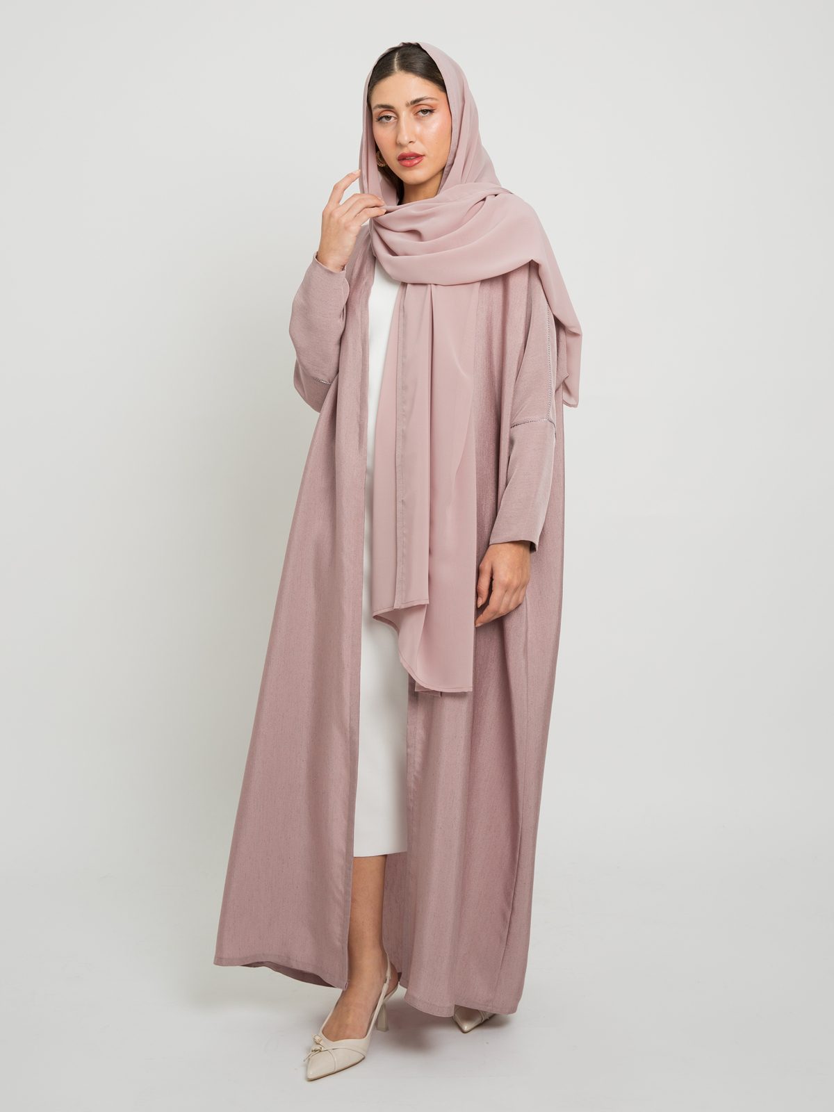 Pink with Qitan - Half Bisht Long Open Abaya in Salona Fabric