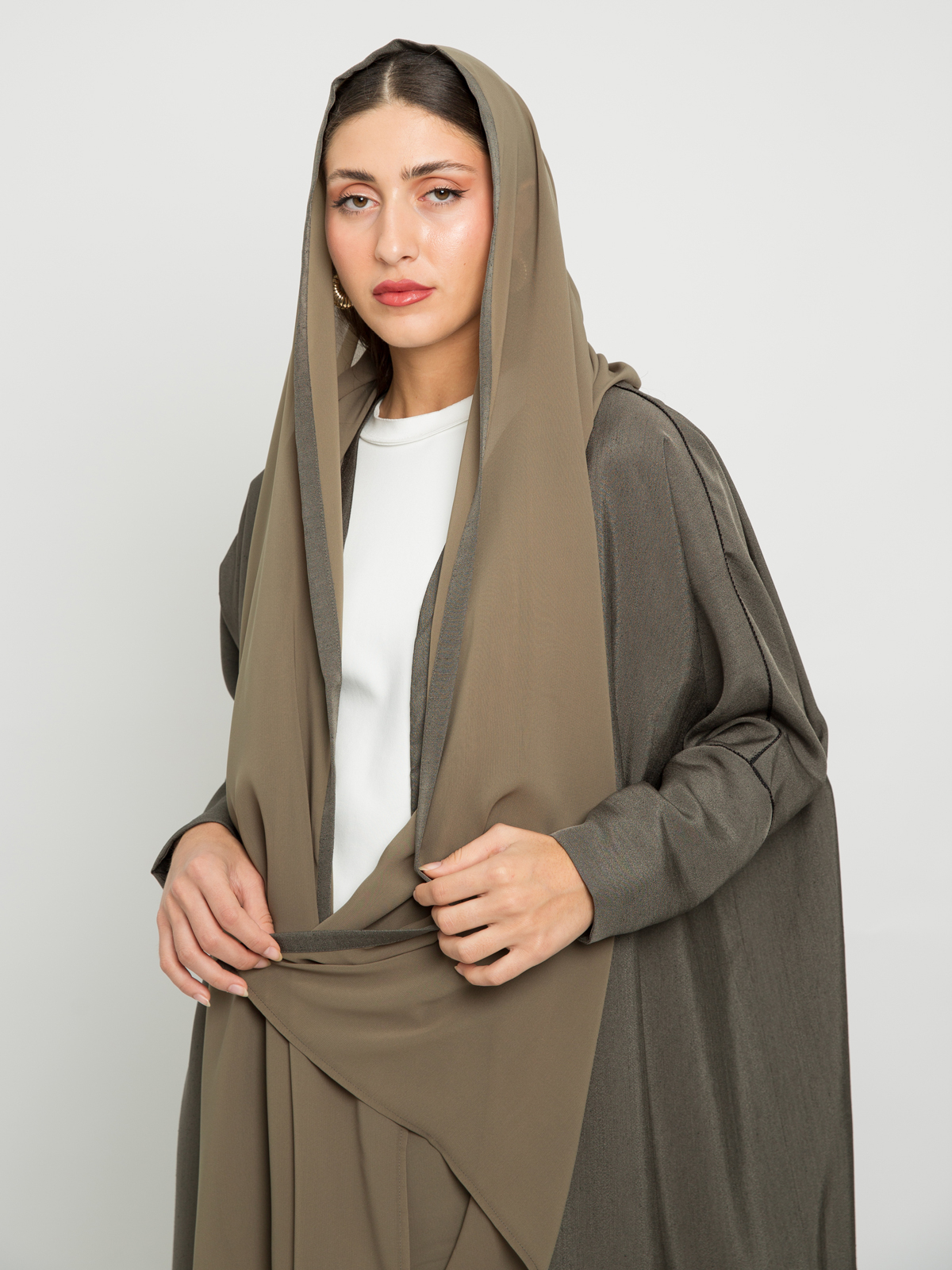 Olive with Qitan - Half Bisht Long Open Abaya in Salona Fabric