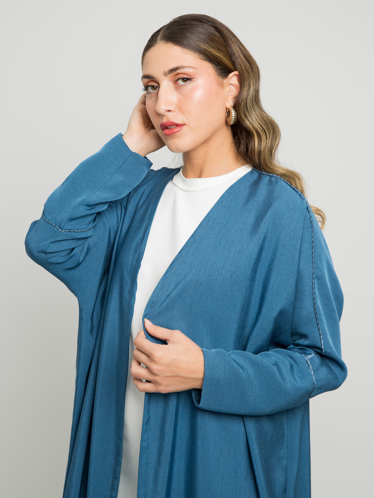 Blue with Qitan - Half Bisht Long Open Abaya in Salona Fabric