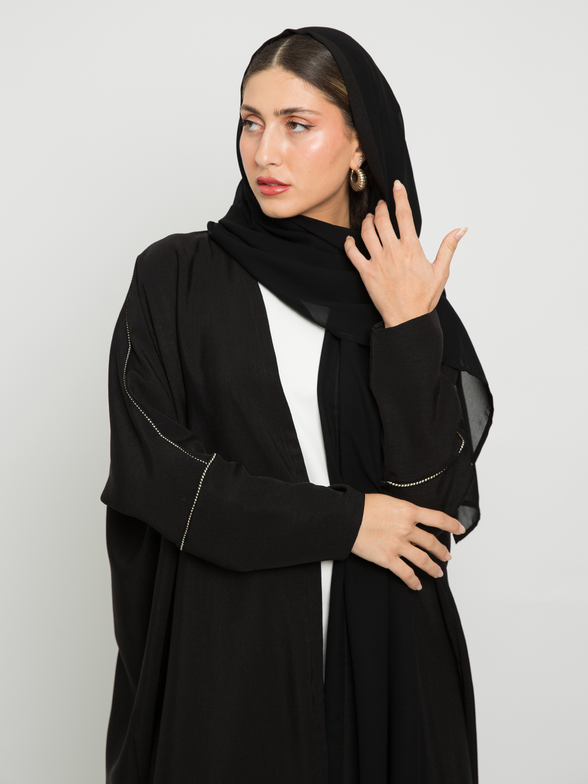 Black with Qitan - Half Bisht Long Open Abaya in Salona Fabric