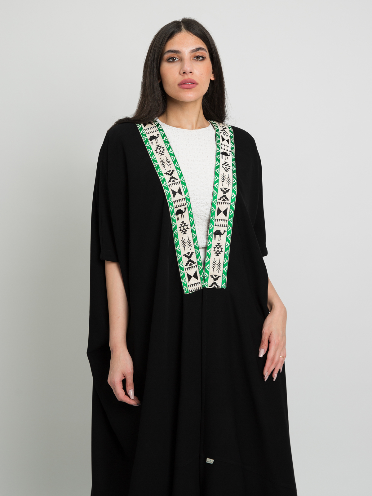 Black with Green Camel Kulfa - Elbow Length Bisht Abaya in Crepe Fabric