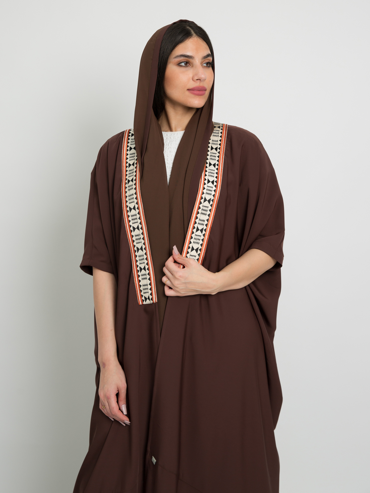  Brown with Orange Camel Kulfa - Elbow Length Bisht Abaya in Crepe Fabric