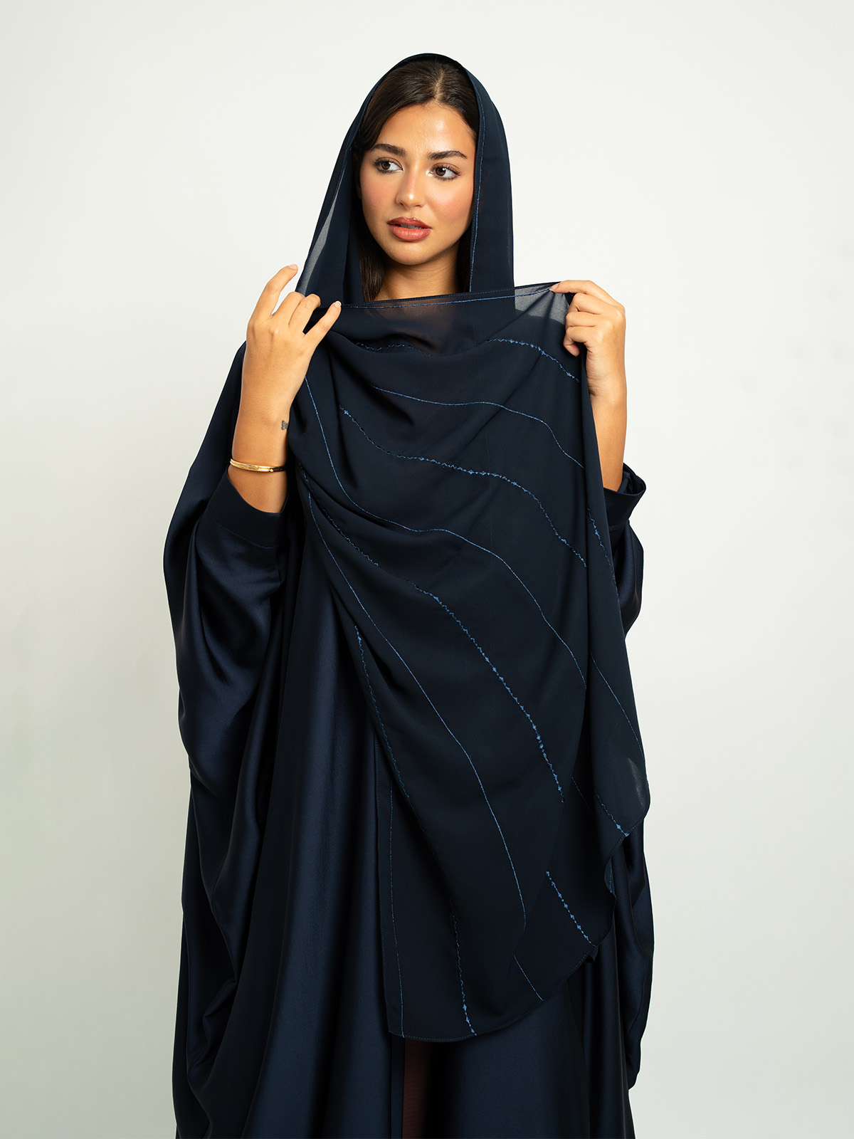 Navy wide bisht abaya in high quality crepe fabric by kaafmeem with embroidered hijab tarha
