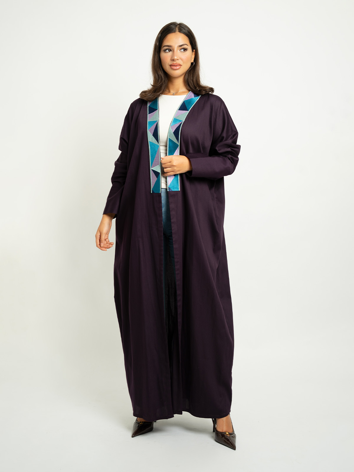 Purple Half Bisht Contrast Triangles Abaya 