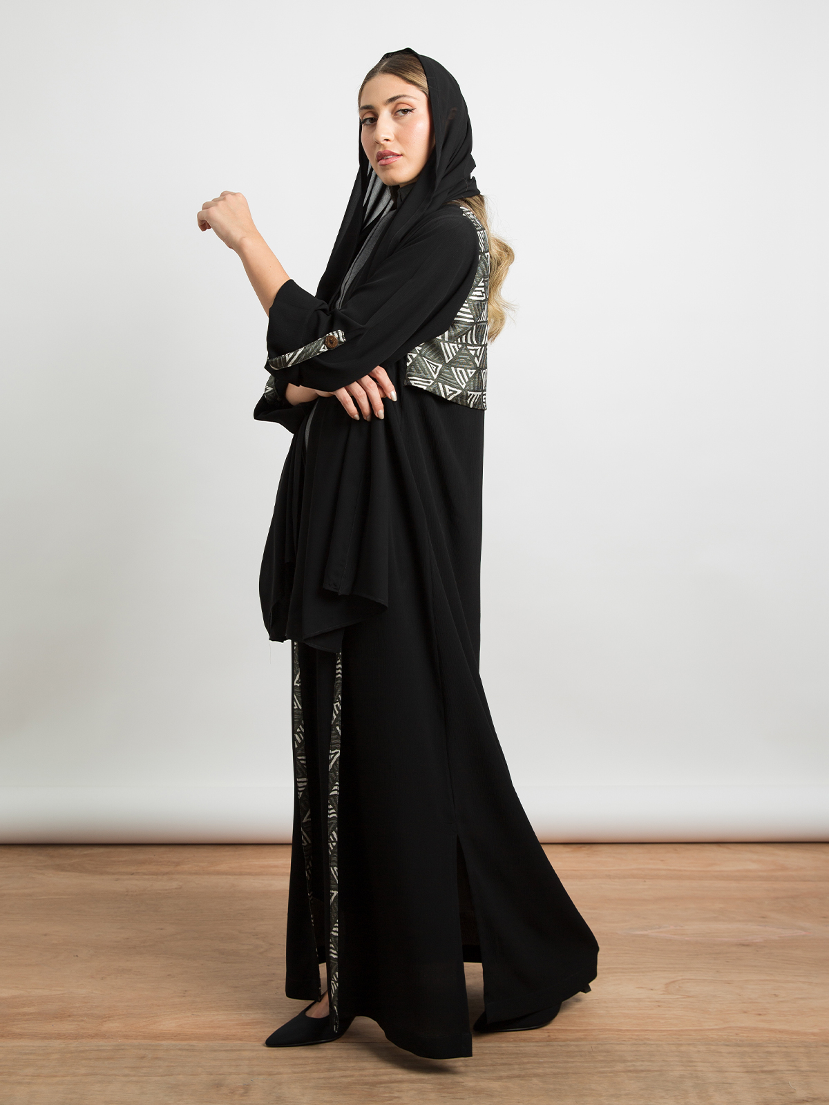 Open long black with artistic ornament casual regular fit abaya in fancy yoryu fabric with yoke by kaafmeem