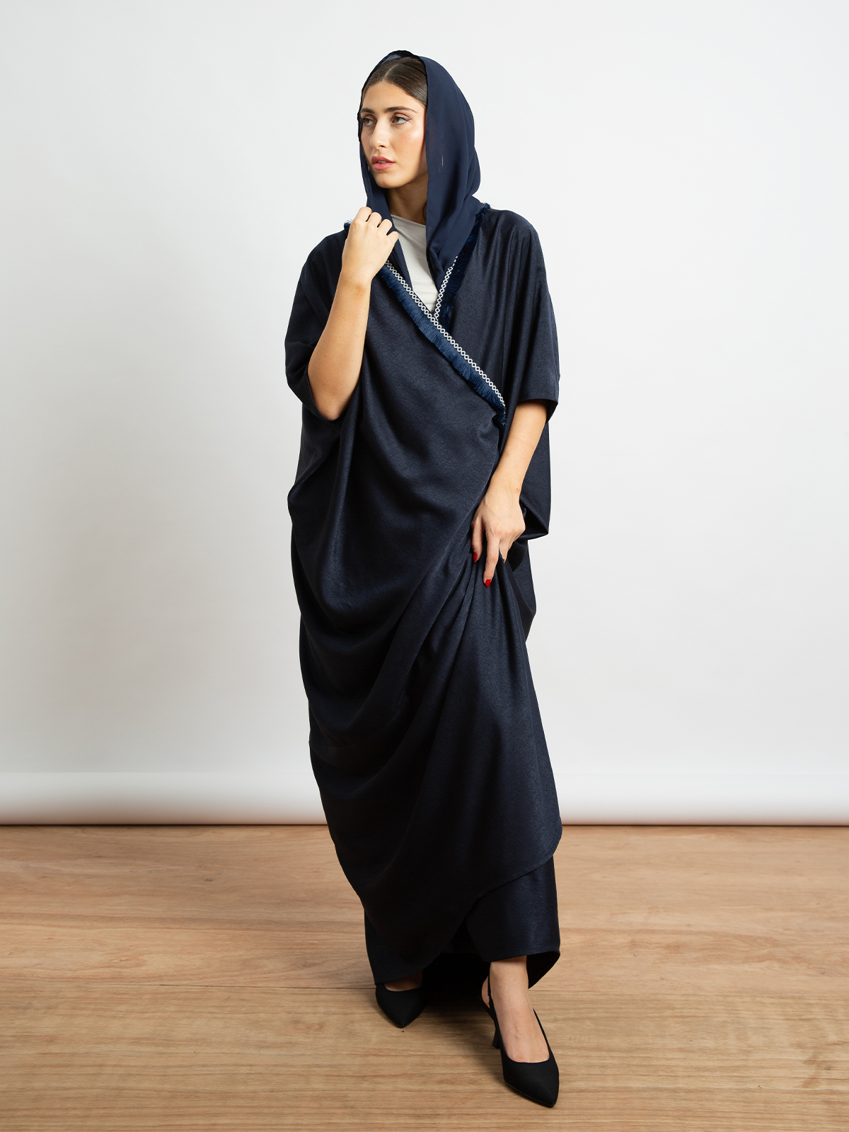 Elbow length bisht fancy abaya in soft and silky fabric dark navy color for work and different occasions by kaafmeem 