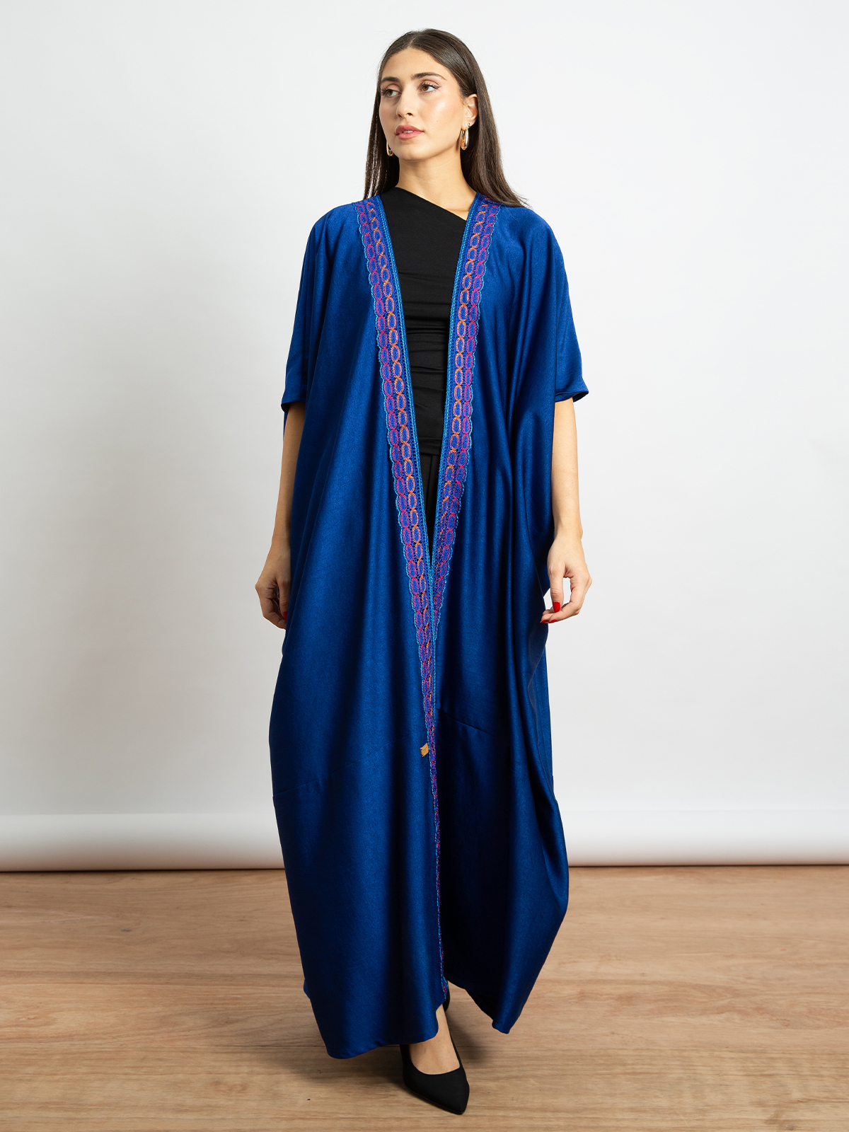 Elbow length bisht fancy abaya in soft and silky fabric indigo blue color for work and different occasions by kaafmeem 