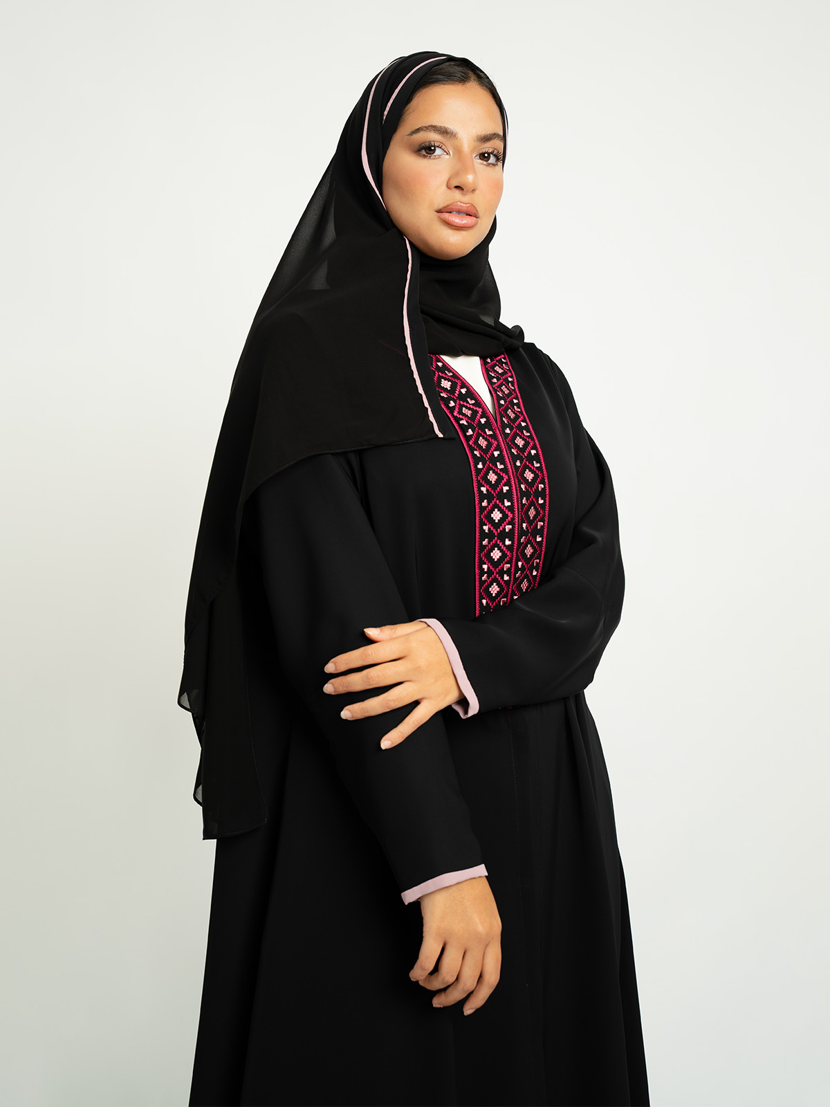 Black Pink Jeweled Stitch Closed A-Cut Abaya