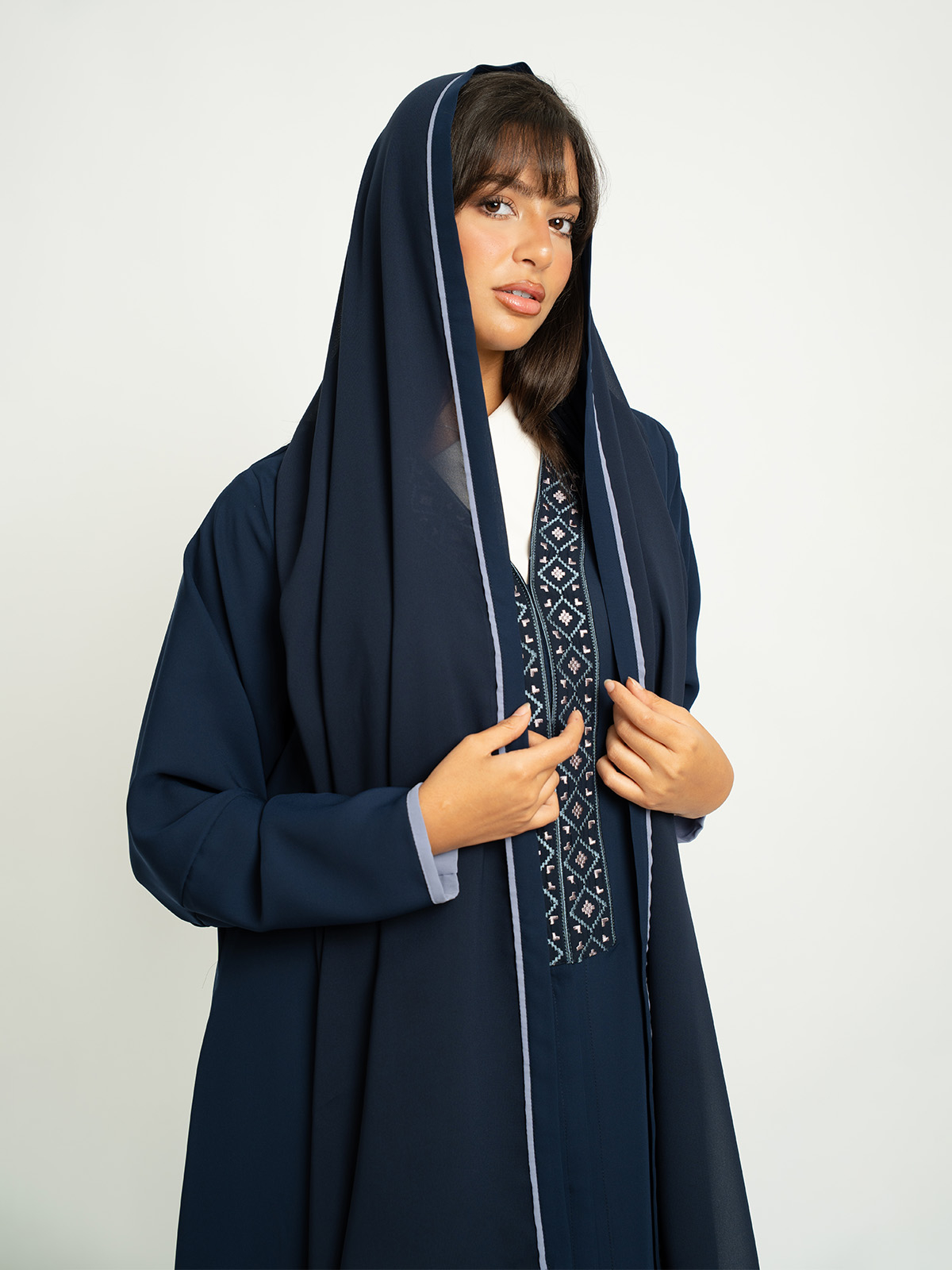 Navy Jeweled Stitch Closed A-Cut Abaya