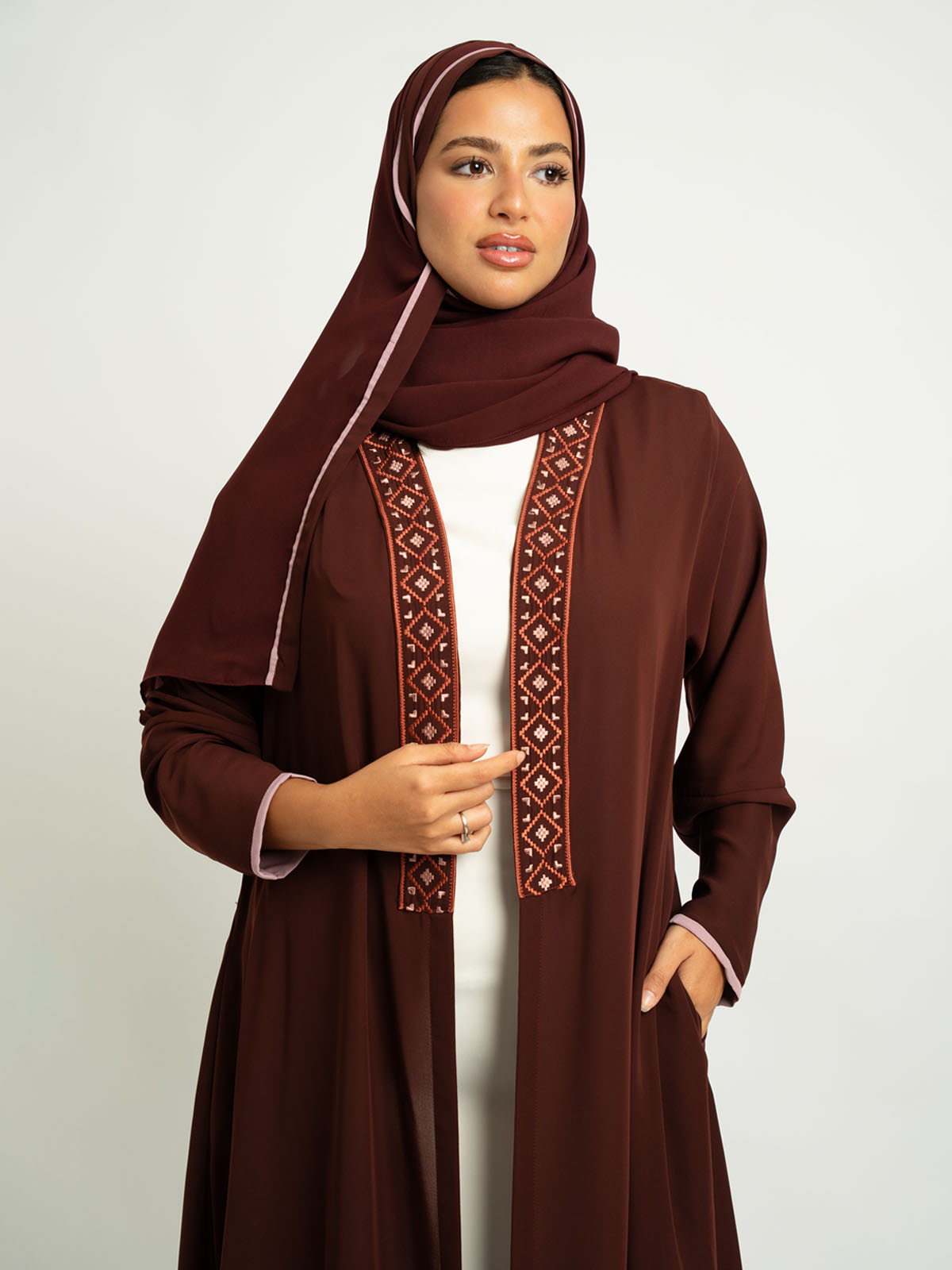 Maroon Jeweled Stitch Closed A-Cut Abaya