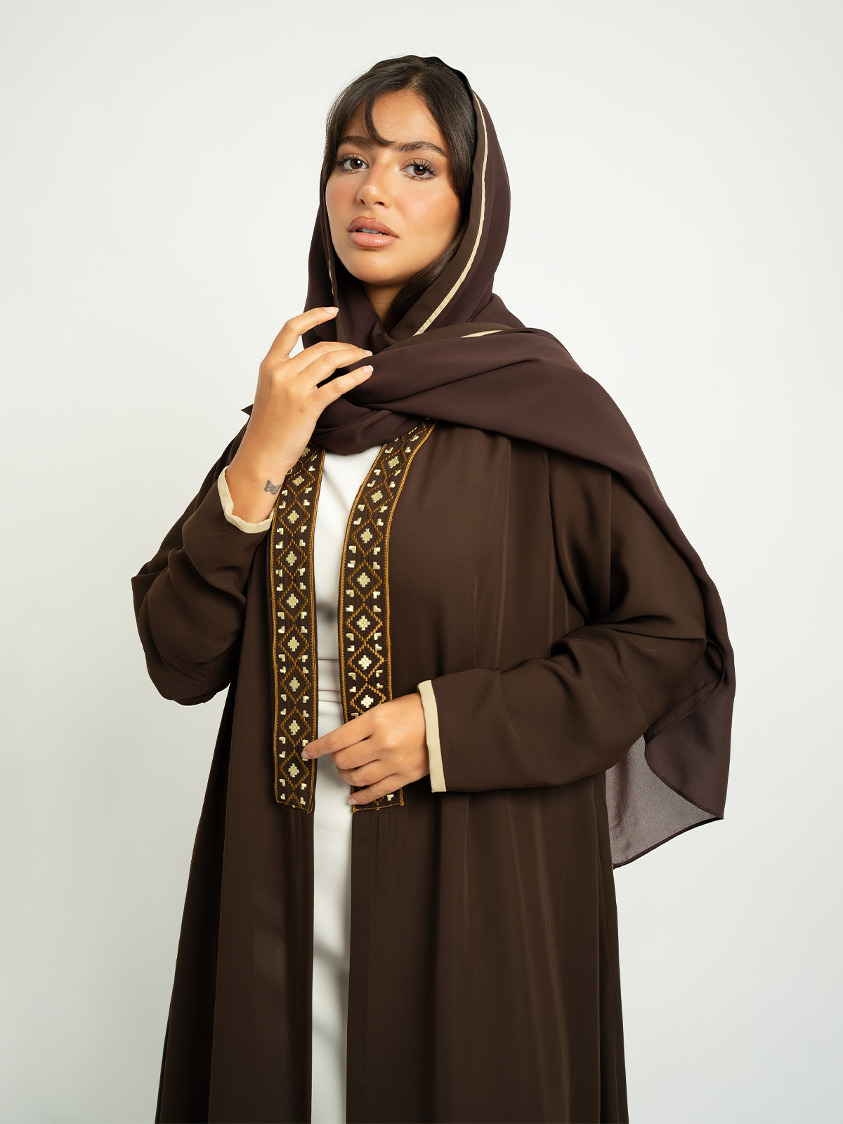 Brown Jeweled Stitch Open A-Cut Abaya