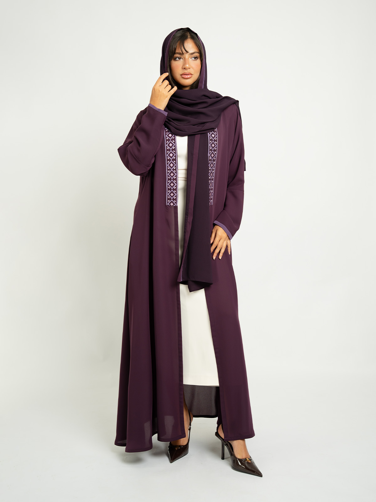 Grape Jeweled Stitch Open A-Cut Abaya