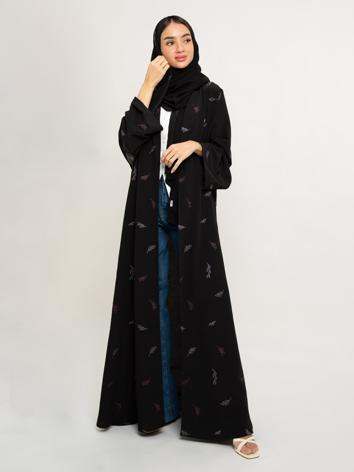 Black Sprinkled Leaf A-Cut Abaya