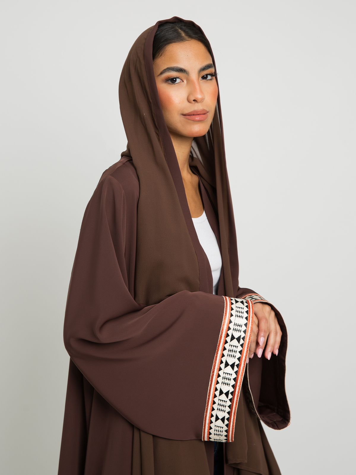 Brown with Orange Camel Kulfa - A Cut Wide Sleeves Half Cloche Abaya in Crepe Fabric