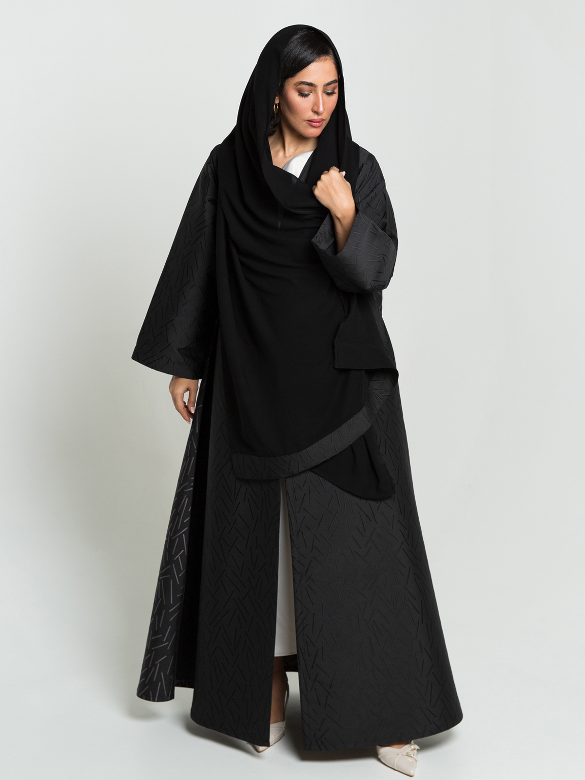 Black with Gray A-cut Jacquard Abaya