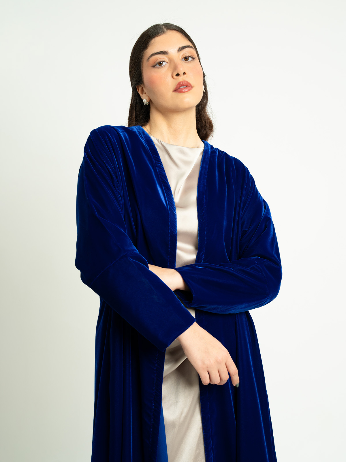 Indigo velvet half cloche abaya in high quality fabric by kaafmeem for Eid 